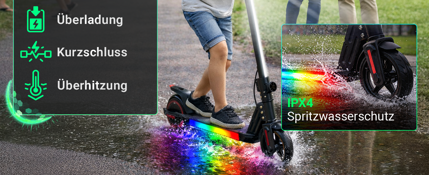 Zuverlässiger Schutz bei jedem Wetter Kinder E-Scooter mit IPX4-Spritzwasserschutz sowie Schutz vor Überladung, Kurzschluss und Überhitzung